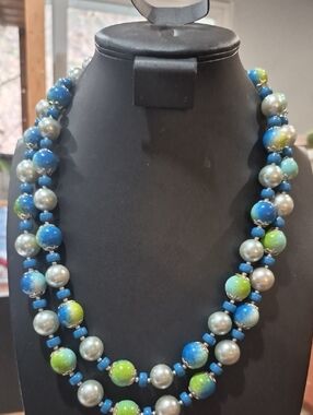 Japan Vintage Blue & Green Double Strand Beaded Necklace